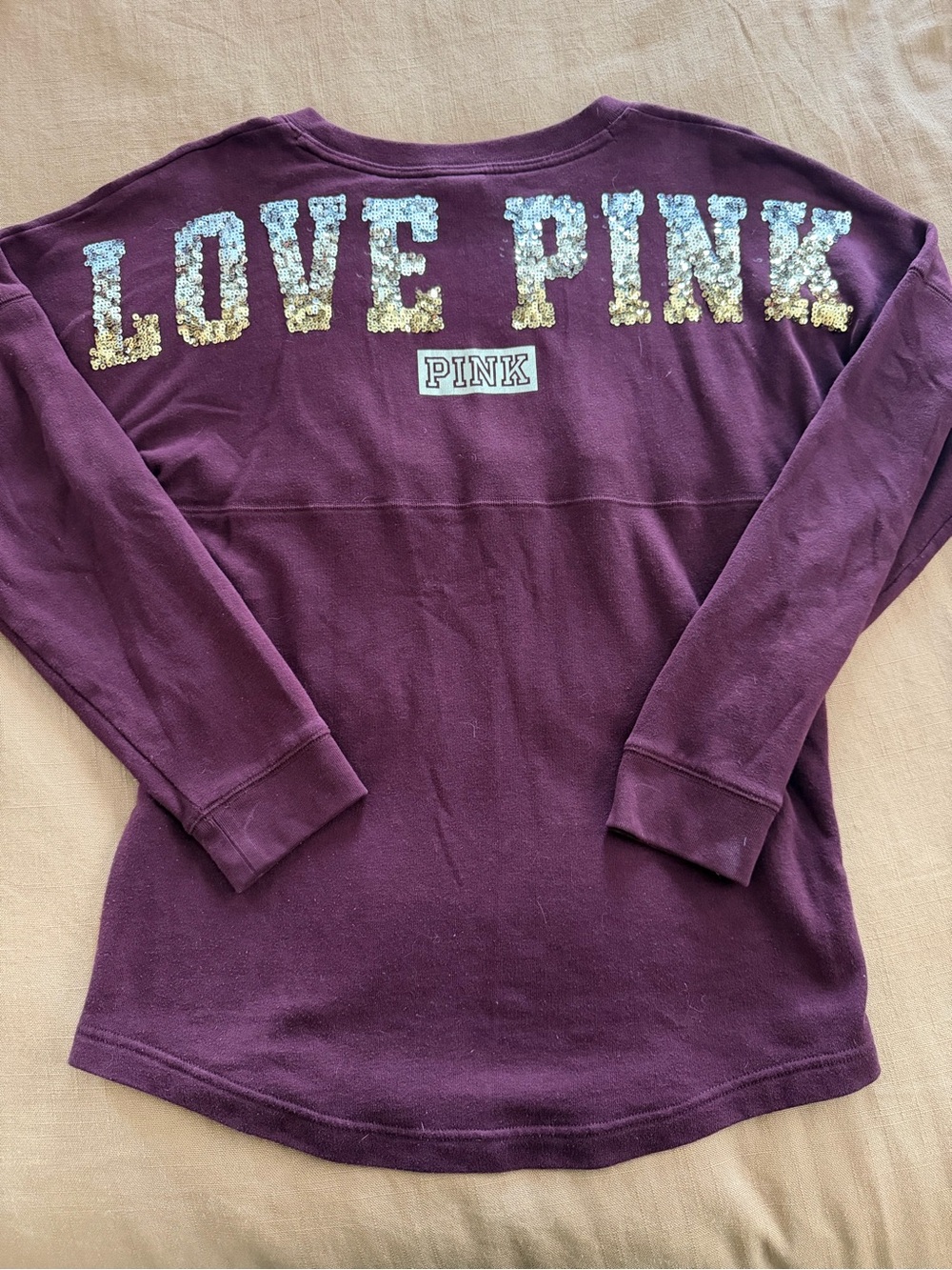 PINK Victoria's Secret Girls Maroon Long Sleeve 'LOVE PINK' Sequin Top - XS